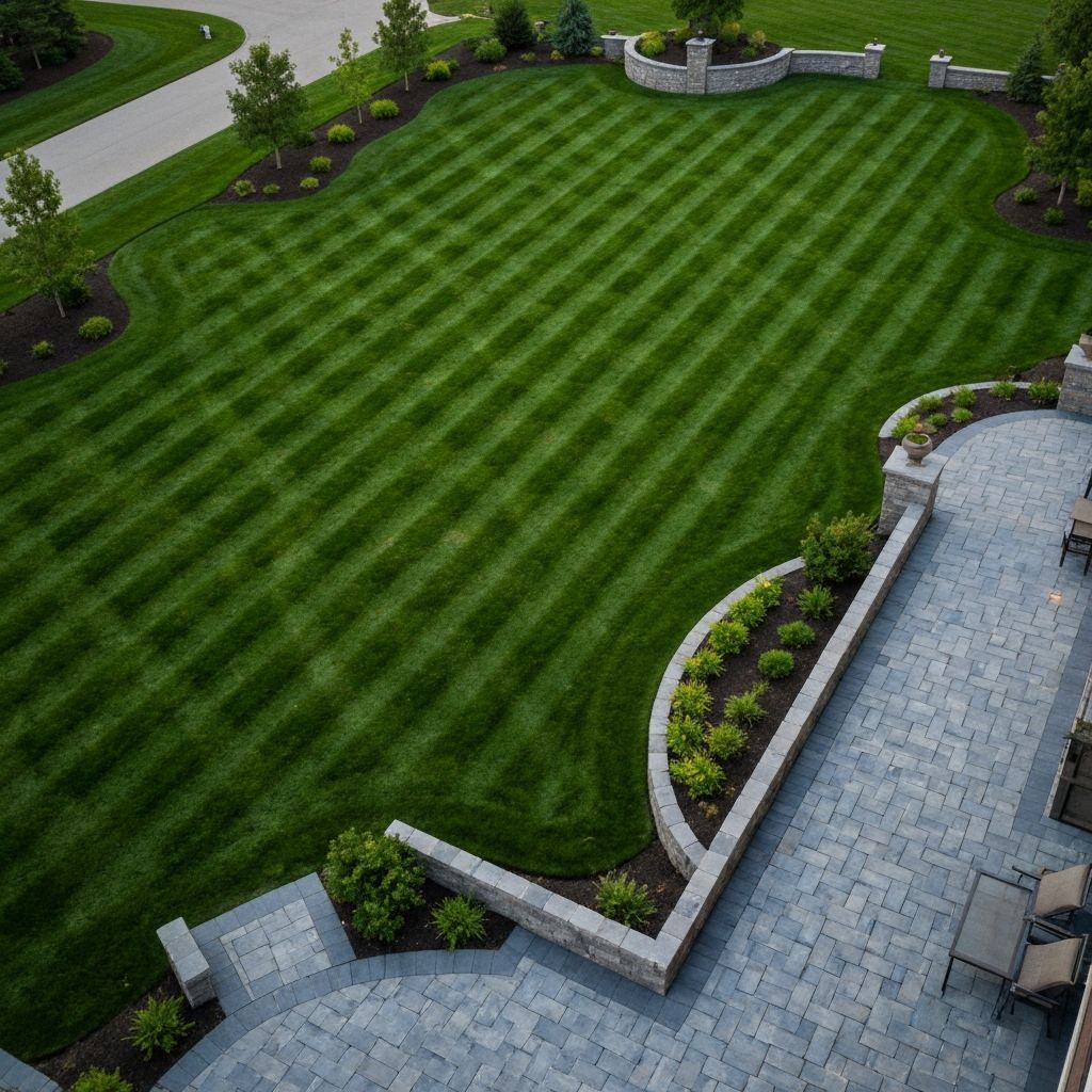 Beautiful lawn with striping and hardscape patio