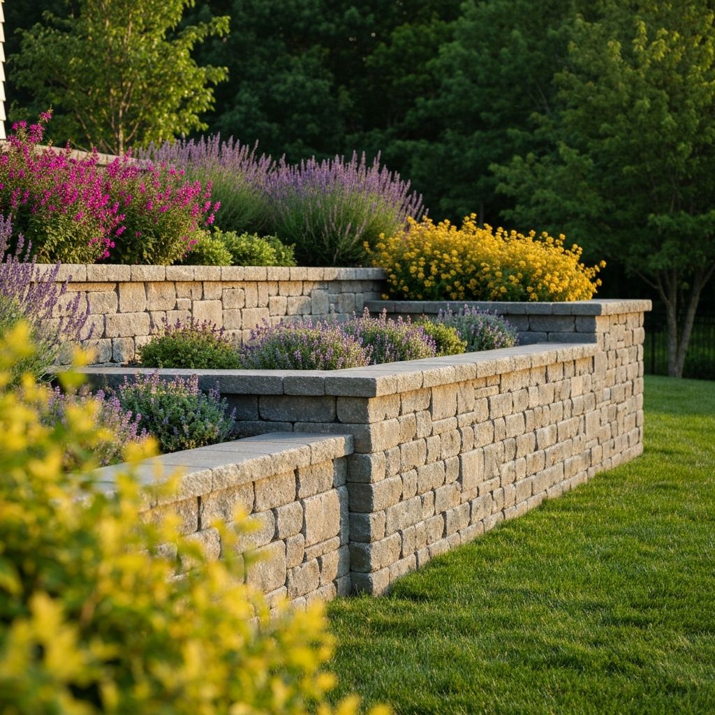 Custom stone retaining wall with landscaping